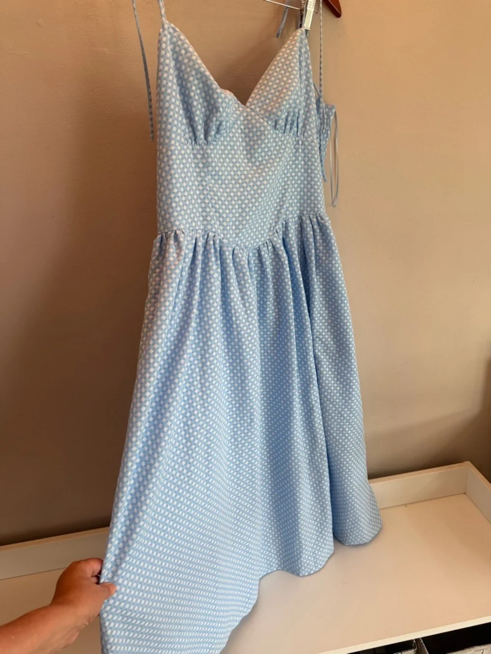 Lena Light Blue White Geometric Print Tie Strap Midi Dress XL Womens - Picture 4 of 6